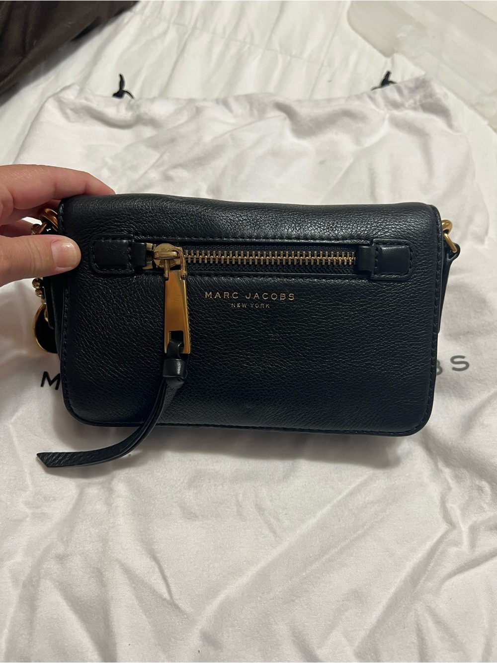 Marc Jacobs Black Leather Crossbody with Gold Hardware and Front Zip